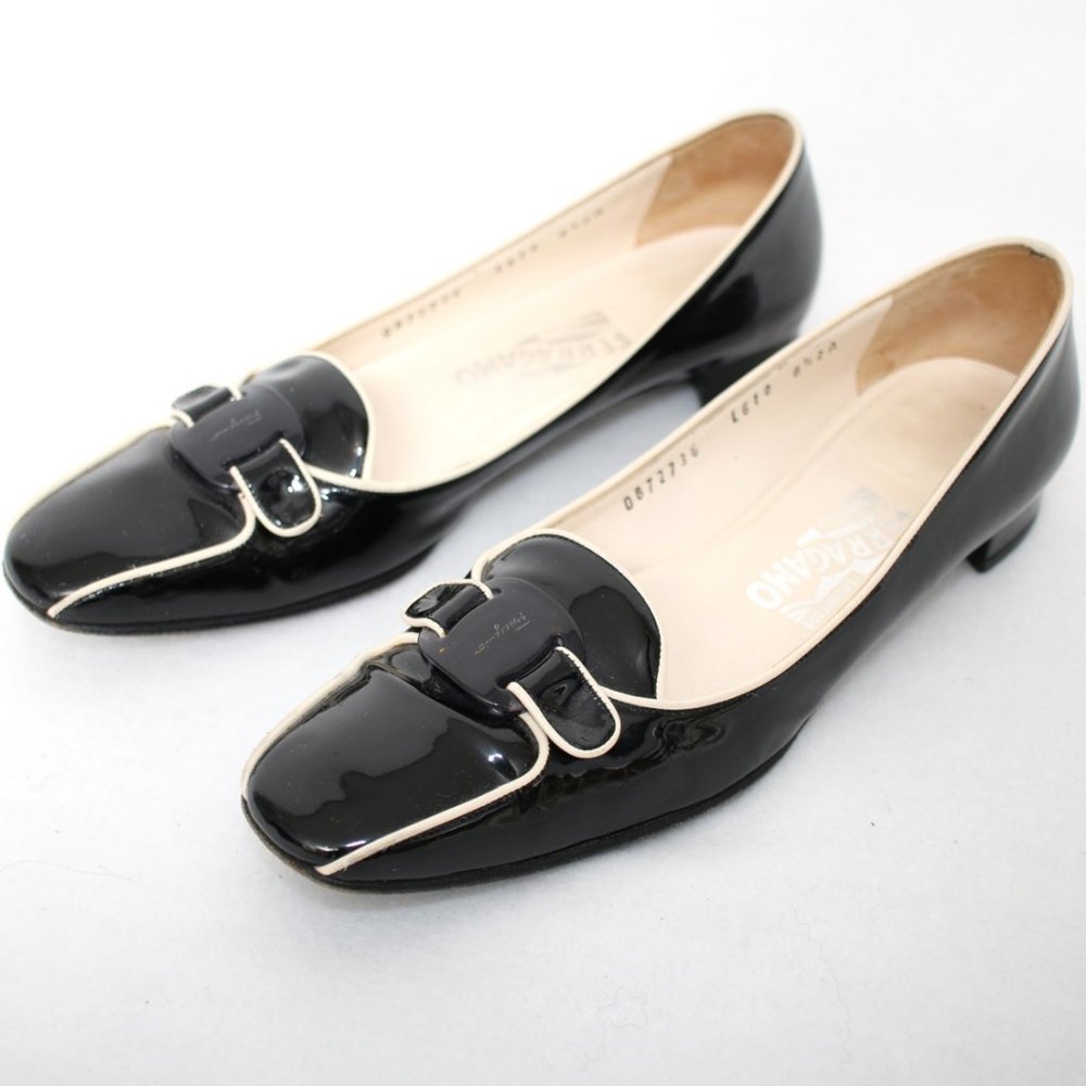 Salvatore Ferragamo Black Patent Leather Square Toe Pumps Sz 8.5
